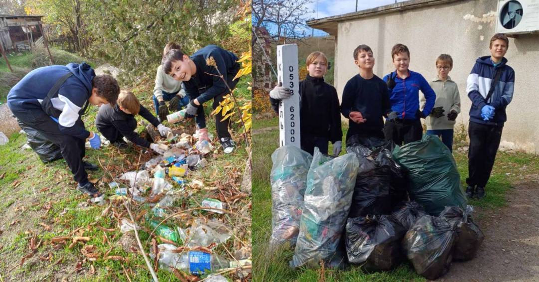 А это ребетя из второй парканской школы убирают за взрослыми возле остановки на Тирасполь у арки