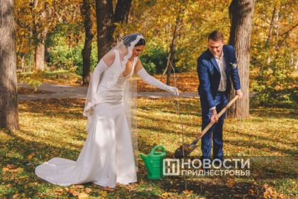 Молодожены из России приехали в Чобручи, чтобы высадить дерево в парке им. Дмитрия Родина