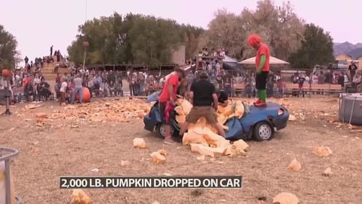 Фермер из США решил необычно избавиться от своей старой машины — он сбросил на неё гигантскую 870-килограммовую тыкву