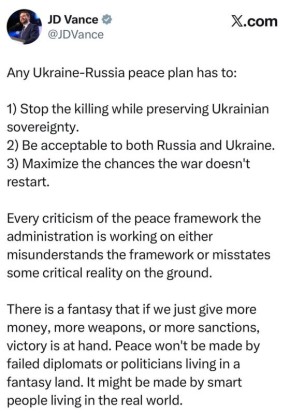 Вице-президент США Вэнс:. Любой план мирного урегулирования между Украиной и Россией должен: 1) Прекратить убийства, сохранив при этом суверенитет Украины