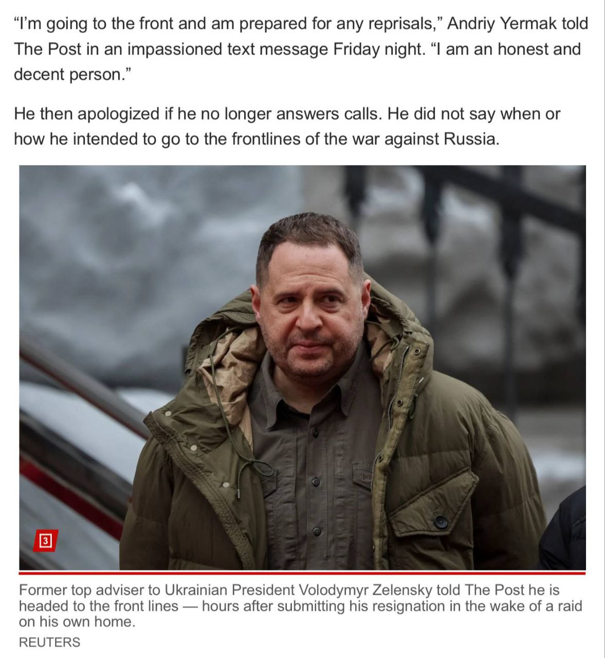 Бывший глава ОП Украины Ермак написал, что направляется на передовую — NY Post