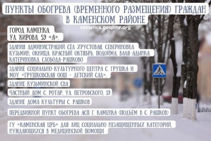 Информируем жителей Каменского района о том, что в районе функционируют пункты обогрева и временного размещения граждан