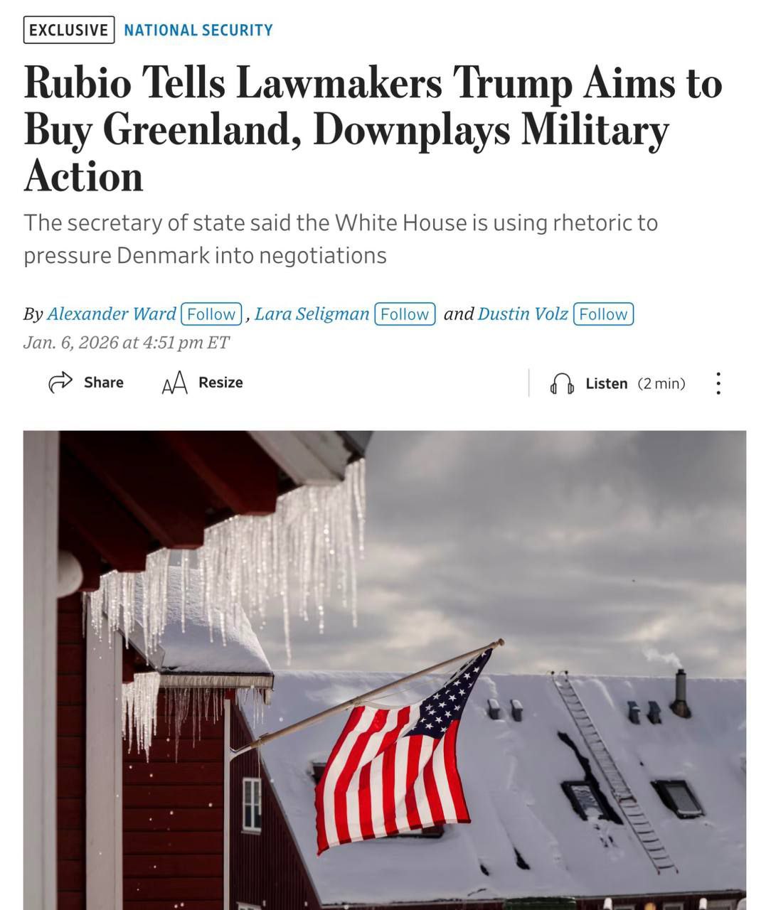 Рубио уведомил членов Конгресса США, что Вашингтон нацелен на покупку Гренландии, — The Wall Street Journal со ссылкой на источники