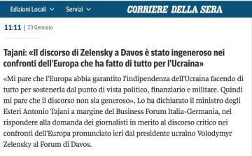 Глава МИД Италии назвал «несправедливой» вчерашнюю речь Зеленского в Давосе, в которой он жёстко раскритиковал Европу за "нерешительность" в отношении России