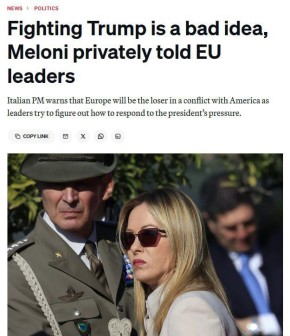 Премьер Италии Мелони сказала лидерам ЕС, что борьба с Трампом — плохая идея, — Politico со ссылкой на источники