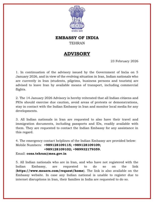 Индия призвала своих граждан покинуть Иран всеми доступными видами транспорта, — посольство Индии в Тегеране