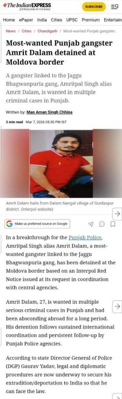 27-летний гражданин Индии Амритпал Сингх, член организованной преступной группы, разыскиваемый по линии Интерпола за двойное убийство, рэкет и контрабанду, задержан на границе Республики Молдова