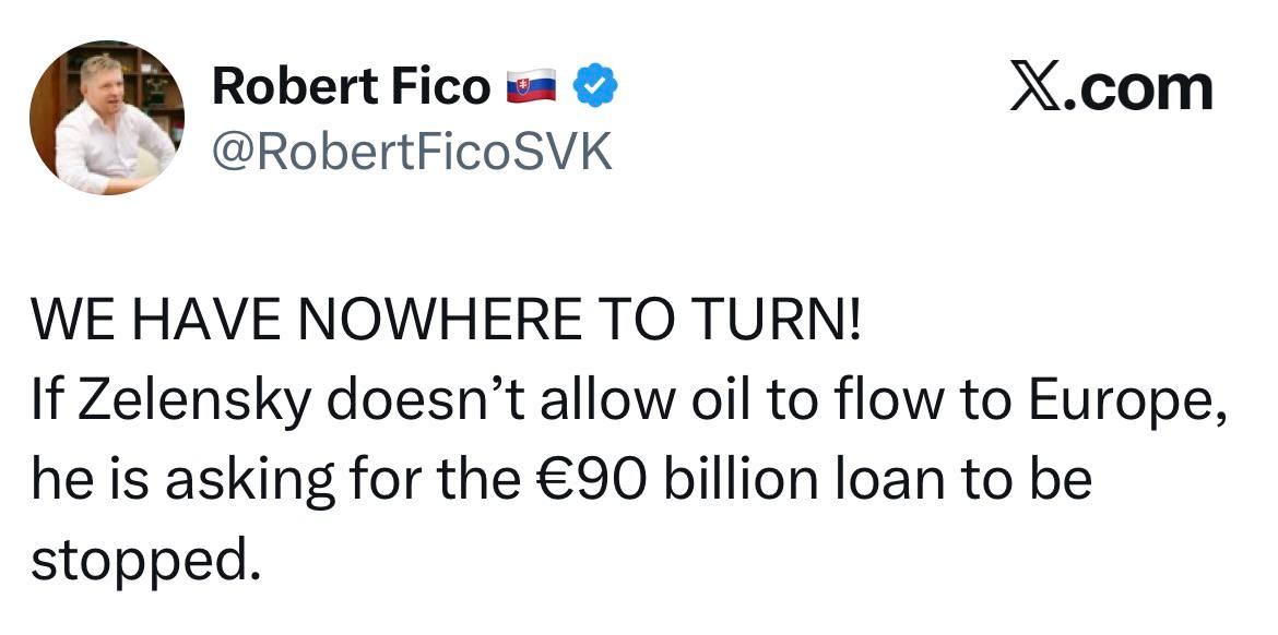 Премьер Словакии Фицо - пообещал заблокировать кредит ЕС для Украины, если Зеленский не восстановит поставки по нефтепроводу «Дружба»: