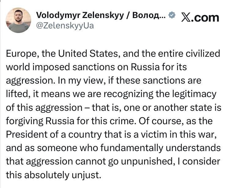 Зеленский - требует от Трампа не снимать санкции с России: