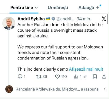 Министр иностранных дел Украины Андрей Сибига заявил, что дрон, который упал и взорвался в ночь на 8 июня возле села Лопатна Оргеевского района, российского происхождения