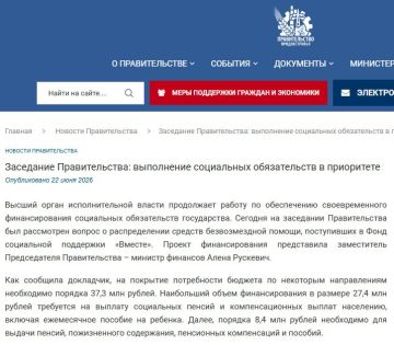 Правительство направит 37,3 миллиона рублей из фонда «Вместе» на выплату пенсий и пособий, закупку лекарств и продуктов питания