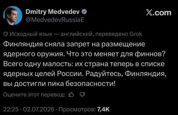Финляндия после снятия запрета на размещение у себя ядерного оружия попадет на карту целей для ядерного оружия России, — Медведев