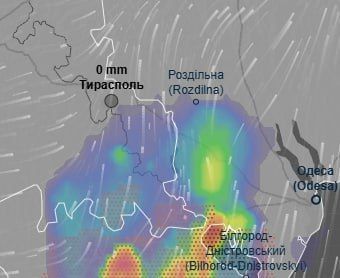Дожди с грозами после трёх часов дня показывает метеорадар на юге Приднестровья