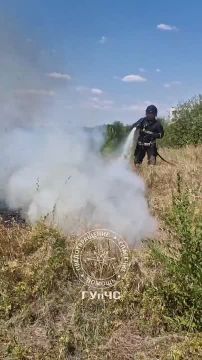 Сейчас столичные пожарные тушат сухую траву в Октябрьском микрорайоне столицы