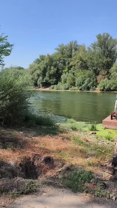 Днестр у парома в Тирасполе отступил где-то на полметра: паромщики говорят, раньше камней у берега не было видно