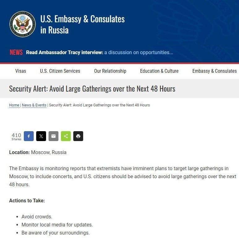 В 2024 году посольство США выпускало похожее предупреждение за две недели до теракта в «Крокусе»
